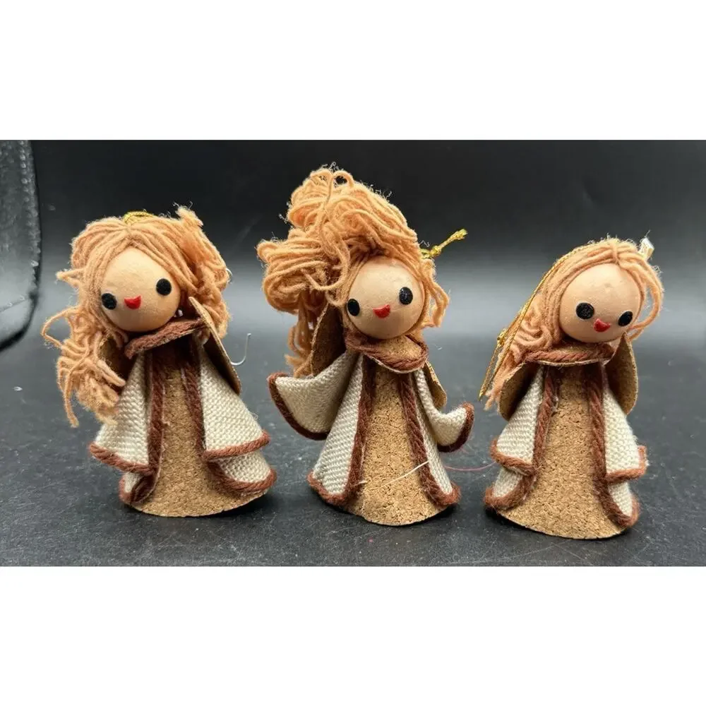 3 Vtg 1960’s Burlap Angels Christmas Tree Ornaments Brown Made in Japan -S1J